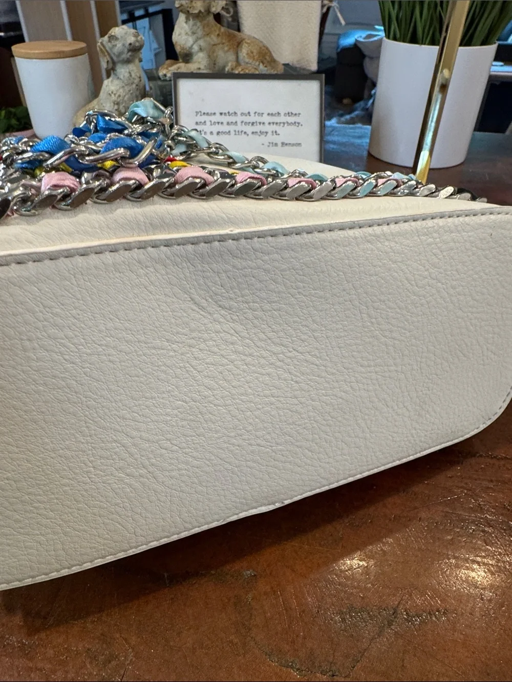 Betsey Johnson White Bucket Bag with Multicolor Chain Trim